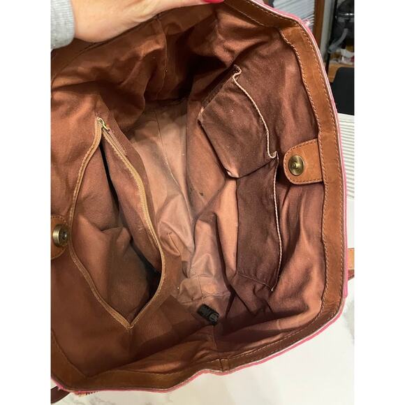 Fossil Expandable Gwen Shopper Tote Bag Travel Leather Wax Coated Pyramid Pink - Picture 8 of 16